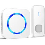 Sonnette sans Fil de Porte 400M Étanche Kit de Carillon Electronique avec Pile, 55 Mélodies au 5 Niveaux Volumes pour Maison, Indicateur LED Bleu, Blanc