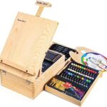 Spardar Chevalet de Table en Bois avec 2 Tiroir et 55 pcs Kit Peinture, Incluez 24 Peintures Acryliques, 10 Pinceaux, 12 Crayons de Couleur et Autres Fournitures D'art pour Artistes Enfants Débutants