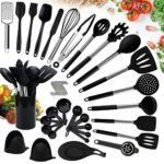 TAVADA Ustensiles de Cuisine Silicone,49 Pcs Antiadhésif, Set avec Pot de Rangement pour Louche/Spatule,Noir