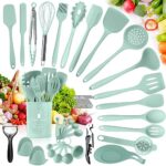 TAVADA Ustensiles de Cuisine,Ustensiles de Cuisine Silicone,Batterie de Cuisine antiadhésive Anti-Rayures et résistante avec Porte-Ustensile- Outil de Cuisine Antiadhésif,vert clair