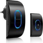 TECKNET Sonnette sans fil exterieur, IP65 Etanche Carillon 400 Mètres, 60 Mélodies et 5 Niveaux Volume, Kit d'un Récepteur et d'un Emetteur, Voyant LED pour Maison, Classe, Hôpital, Hôtel - Noir