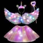 Tacobear Déguisement Licorne Lumineux Ailes de Plumes Coloré avec Serre-tête, Baguette Magique LED Tutu Jupe Tulle Fille Ailes d'ange Enfant pour Halloween Carnaval Cosplay