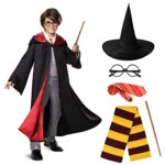 URAQT Costume de Magicien, Robe de Sorcier avec Cravate, Ensemble de Costumes Cape avec Lunettes, Baguette Magique, Écharpe et Cravate, Cravate Magicien Costume Garçons et Filles
