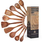 Ustensiles de Cuisine Bois - Set de Cuisine Premium 10 Pièces - Ensemble d'Ustensiles en Bois de Teck Facile à Nettoyer - Matériau Léger, Résistant à la Chaleur, Durable & Anti-Rayures