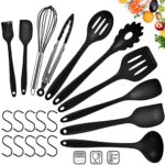 Ustensiles de Cuisine,10pcs Set spatule en Silicone de qualité Alimentaire,Batterie de Cuisine antiadhésive Anti-Rayures et résistante à la Chaleur,Spatule,Cuillère,10pcs Crochets(Noir)