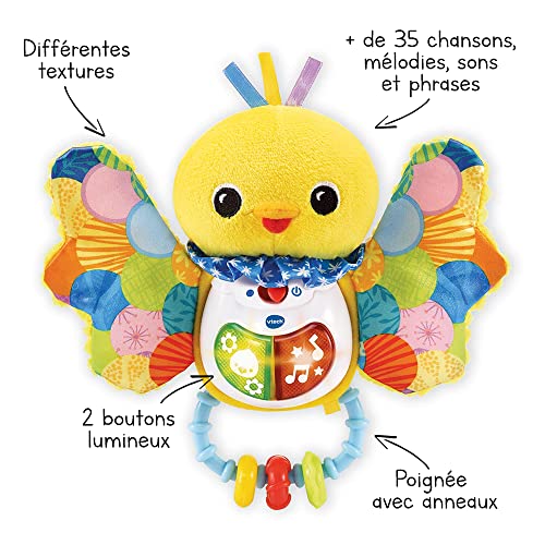 VTech - Hochet Piou-Piou Éveil des Sens, Hochet Bébé Interactif et Musical, Jouet Sensoriel, Oiseau en Peluche Lavable en Machine, Cadeau de Naissance Bébé Dès 3 Mois - Contenu en Français – Image 2