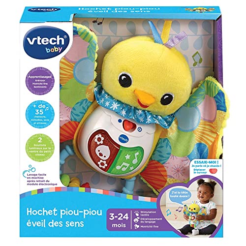 VTech - Hochet Piou-Piou Éveil des Sens, Hochet Bébé Interactif et Musical, Jouet Sensoriel, Oiseau en Peluche Lavable en Machine, Cadeau de Naissance Bébé Dès 3 Mois - Contenu en Français – Image 3
