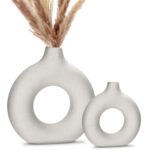 Vase Decoratif en Ceramique, Vase Noir Mat, Fleurs Séchées Fait à la Main Vase, Beige Vase De Forme Ronde d'art Moderne pour Décoration de la Maison, des Centres de Table et des événement (Beige(S+M))