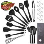 Viesap Ustensiles de Cuisine,11pcs Set spatule en Silicone de qualité Alimentaire,Batterie de Cuisine antiadhésive Anti-Rayures et résistante à la Chaleur,Spatule,Cuillère,Fouet,Support et Plus,(Noir)