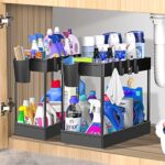 Wholede Lot de 2 étagères sous évier, organiseur d'évier avec 8 crochets et 2 tasses, étagère à épices, gadgets de cuisine avec comptoir, noir