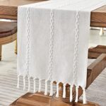 Wracra Ferme Décor Blanc Chemin de Table Coton Lin Chemin de Table 150cm avec Glands à la Main pour la fête, décorations de Salle à Manger décoration de Table à Dessert (Blanc, 150 cm)