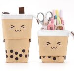 Xespis Trousse Crayon Télescopique, Trousse Scolaire à Fermeture éclair, 2 en 1 Trouse sur Pied, Trousse Scolaire Fille, Trousse Kawaii, pour Garçons Filles Etudiants et Fournitures de Bureau(Marron)