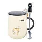 XinHuiGY Tasse de chat,Tasse à café mignonne en céramique,avec couvercle en forme de chat 3D et cuillère,pour thé, lait, chocolat chaud, cadeau pour Noël, anniversaire pour filles et femmes (Jaune)