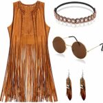 YADODO Costumes Hippie Tenues pour Femmes Deguisement Hippie Gilet à Franges Sans Manches Filles Style Années 60s 70s Costumes Hippiques Ensemble Hippie Marron En Cuir pour la Fête Costumée Disponible