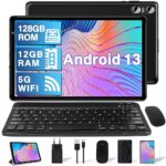 YESTEL Tablette Tactile Android 13 avec 5G WiFi, 12Go RAM 128 Go ROM (1 to Extensible), Tablette 10 Pouces avec Clavier et Souris et Cas, 8 cœurs 2.0 GHz, Bluetooth 5.0, GPS, 5+8 MP, Noir Graphite