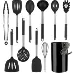 YMERSEN Ustensiles de Cuisine, 12 Pièces Ustensiles de Cuisines Silicone Résistant à la Chaleur Cuisine Accessoires avec Poignée en Acier Inoxydable pour Poêle Antiadhésive (Noir)