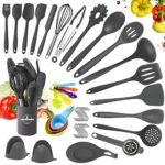 YUTUY Ustensiles de Cuisine Silicone,49pcs Ensemble d'ustensiles de Cuisine en Silicone avec 20 Hameçons,9 Cuillères à Mesurer,Accessoire Cuisine Set Antiadhésif-Gris Foncé