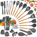 YUTUY Ustensiles de Cuisine,Ustensiles de Cuisine en Silicone,Set de 21 ustensiles de Cuisine en Silicone,Manche en Bois, Silicone Résistant à la Chaleur,Batterie de Cuisine+20 S Crochets(Gris Foncé)