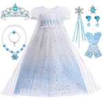 YYDSXK Robe Princesse Fille, Elsa Deguisement Princesse Fille avec Ensemble de Collier de Couronne, Frozen Longue Robe Princesse Enfant pour Costume Halloween Anniversaire Fêté Carnaval Cosplay