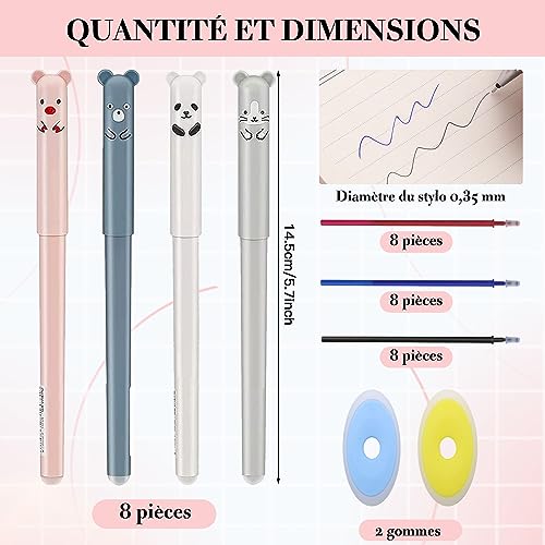 ZOCONE Stylo Gel Effaçable Ensemble 8 Stylo Gel Effacable Animaux+24 Stylo Effacables Recharges de Remplacement+2 Gommes Stylo Kawaii pour Fournitures Scolaires Bureau – Image 2