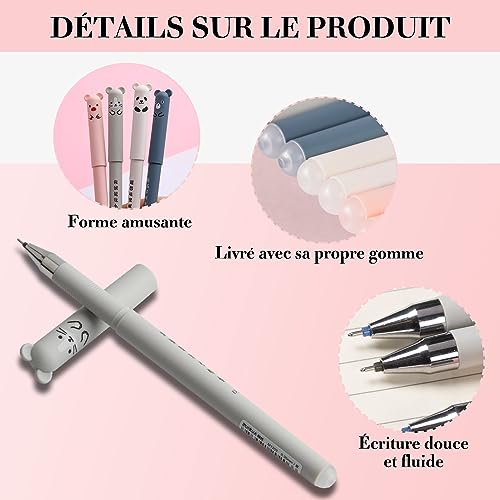 ZOCONE Stylo Gel Effaçable Ensemble 8 Stylo Gel Effacable Animaux+24 Stylo Effacables Recharges de Remplacement+2 Gommes Stylo Kawaii pour Fournitures Scolaires Bureau – Image 3