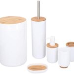 alpina Ensemble de Toilette - 6-Pièces - Distributeur de Savon - Porte-Brosse à Dents - Brosse de Toilette - Corbeille à Papier - Porte-Savon - Tasse - Bambou - Blanc