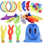 faburo 34pcs Jouets de Plongée, Jouets de Natation Piscine, Jouet sous Eau été avec Anneaux de Plongée & Torpedo Bandits & Dauphins & L'algue Plongée etc