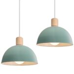 iDEGU Lot de 2 Lustres Suspensions Rétro Suspension Luminaire Moderne Style Demi-Cercle Plafonnier E27 en Bois Métal Lampe Suspension pour Chambre Salle à Manger Cuisine, Ø 20CM (2 Pack Vert)
