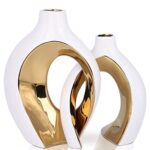 oliruim Lot de 2 vases ronds décoratifs modernes avec trous - Accessoires de cuisine blancs et dorés - Pour table à manger, centre de table de mariage, décoration de table basse de salon (W+G)