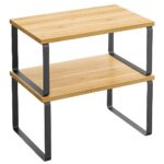 SONGMICS Étagères à Épices, Lot de 2 Organisateurs de Cuisine, Étagères de Plan de Travail, Supports pour Placard, Empilables, en Métal et Bambou, Noir et Couleur Boisée KCS02NB