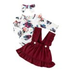BorlaiNouveau-Né Bébé Fille Tenues Florales à Manches Courtes à Volants Barboteuse + Jupe à Bretelles 2 Pièces Fille Robe Globale