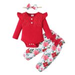 BorlaiVetement Bébé Fille Ensemble 3 Pièces Nouveau-né Mode Volants Manches Longues Dentelle Body Tops Fleurs Pantalons avec bandeau 0-18 Mois