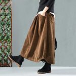 ChyuanKilt Ecossais Jupe Automne Hiver Jupe en Velours Côtelé Femmes Vintage Midi Jupes Longues Femme Taille Élastique A-Ligne Jupe Plissée Grande Taille