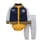 De feuillesChic-Chic Ensemble Garçon Fille Bébé 3pc Blouson Base-Ball+ Barboteuse + Pantalons Sport Pull Longues Manches Haut Sweat-Shirt Printemps