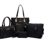 FiveloveTwoFemmes Mode 6Pcs Bag Set PU cuir Sac portés main + Fourre-Tout + Sac à Bandoulière + Portefeuille + Titulaire de la Carte Pochettes Clutches Sacs épaule ensemble de sac Shoulder Bag