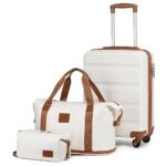 KonoSet de Valises de Voyage Rigide Bagage Cabine avec Portable Vanity Case + Pliable Sac de Voyage pour Sport avec Trousse de Maquillage, Blanc Crème