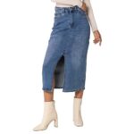 Nina CarterP215 Jupe en jean pour femme taille haute avec fente sur le devant et fermeture éclair stretch aspect usé