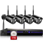 REIGY 3MP Kit de vidéosurveillance WiFi extérieur avec 1 to HDD, 8 CH NVR+4 x 1296P IP66 étanche Caméra de Surveillance, Caméra sans Fil, Enregistrement Audio Vision Nocturne, capteur de Mouvement