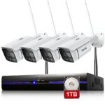 REIGY 3MP Système Surveillance WiFi Exterieure avec Spotlight et 1TB HDD, Kit Camera Videosurveillance 8CH 5MP NVR + 4X 1296P Camera, Audio Bidirectionnel Vision Nocturne Colorée Imperméable