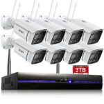 REIGY 3MP Système Surveillance WiFi Exterieure avec Spotlight et 3TB HDD, Kit Camera Videosurveillance 8CH 5MP NVR + 8X 1296P Camera, Audio Bidirectionnel Vision Nocturne Colorée Imperméable
