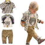 SOPOSopo - Tenue décontractée pour garçon - 3 pièces - T-shirt, chemise à carreaux, pantalon kaki - Marron - 1-2 ans