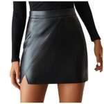 TIMEMEANFemmes Mini-Jupe Moulante Fendue en Cuir Classique avec Fermeture à glissière Jupes De Hanche De Sac De Couleur Unie Taille Haute avec Ceinture
