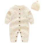 amropiamropi Nouveau-né Bébé Tricot Barboteuse avec Bonnet Combinaison Manches Longues Tenue Ensemble 0-3 Mois,Beige