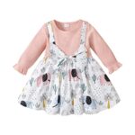 pusekyRobe pour bébé fille Robe à manches longues avec nœud et porte-jarretelles Cute Animal Print Splicing Dress