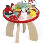 Janod - Table d'activités en Bois Baby Forest - Grand Jouet d'Éveil pour Encastrer, Empiler, Manipuler - Avec Labyrinthe, Boulier, Engrenage et 3 Animaux en Bois - Dès 1 an, J08018